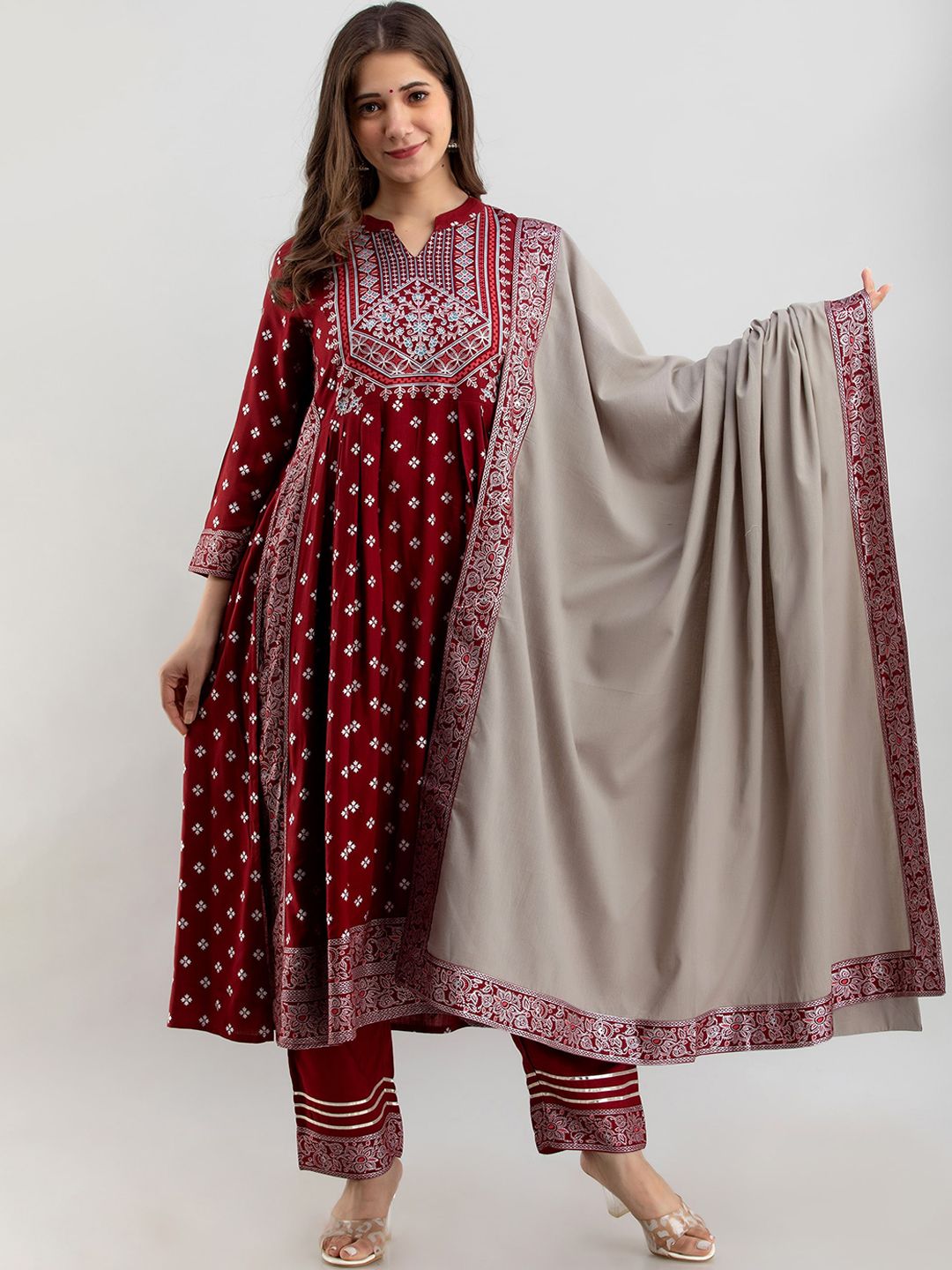 NAYRAH Women Maroon Ethnic Motifs Printed Kurta with Trousers & With Dupatta Price in India