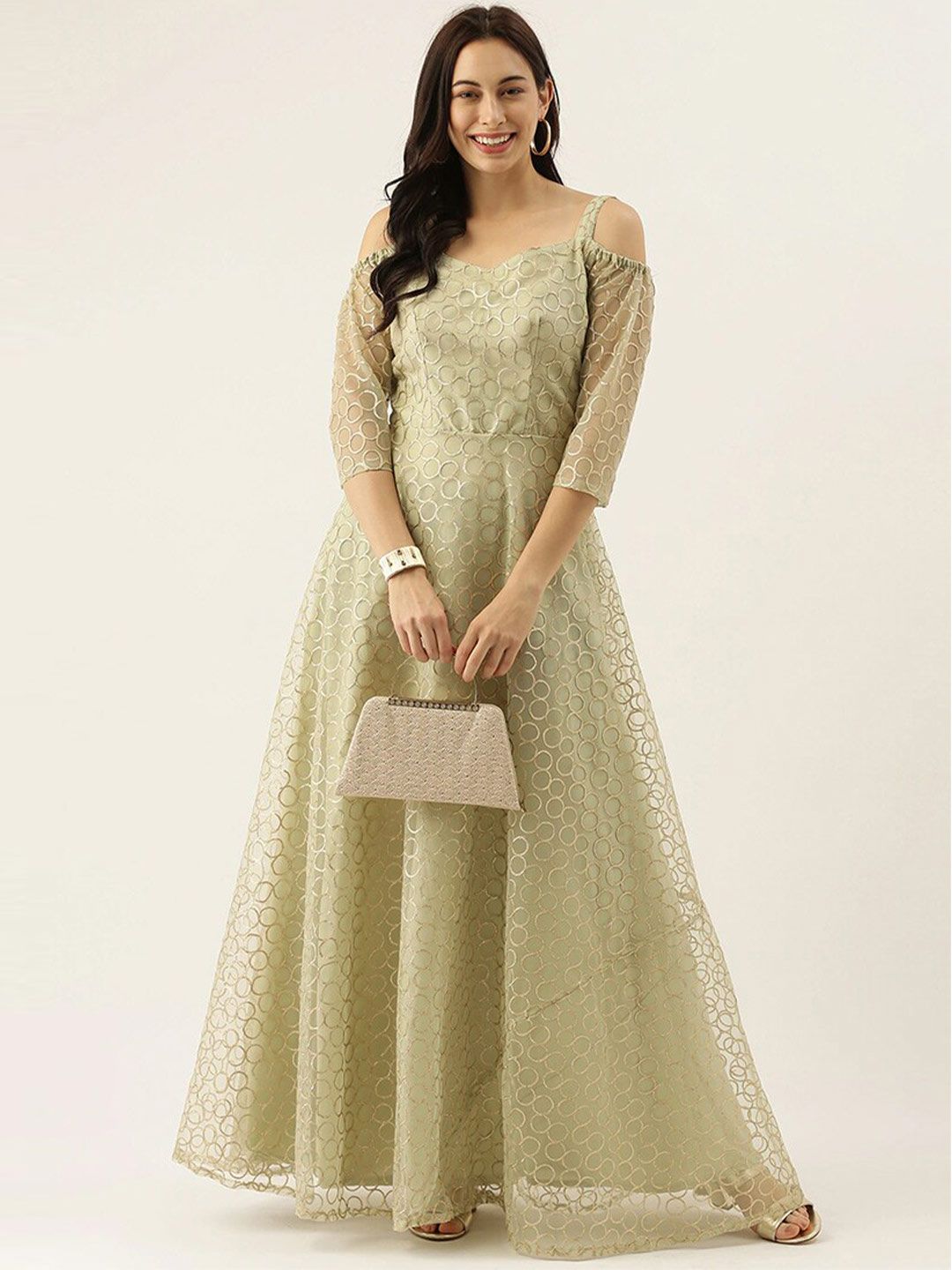EthnoVogue Green & Gold-Toned Embroidered Net Maxi Dress Price in India