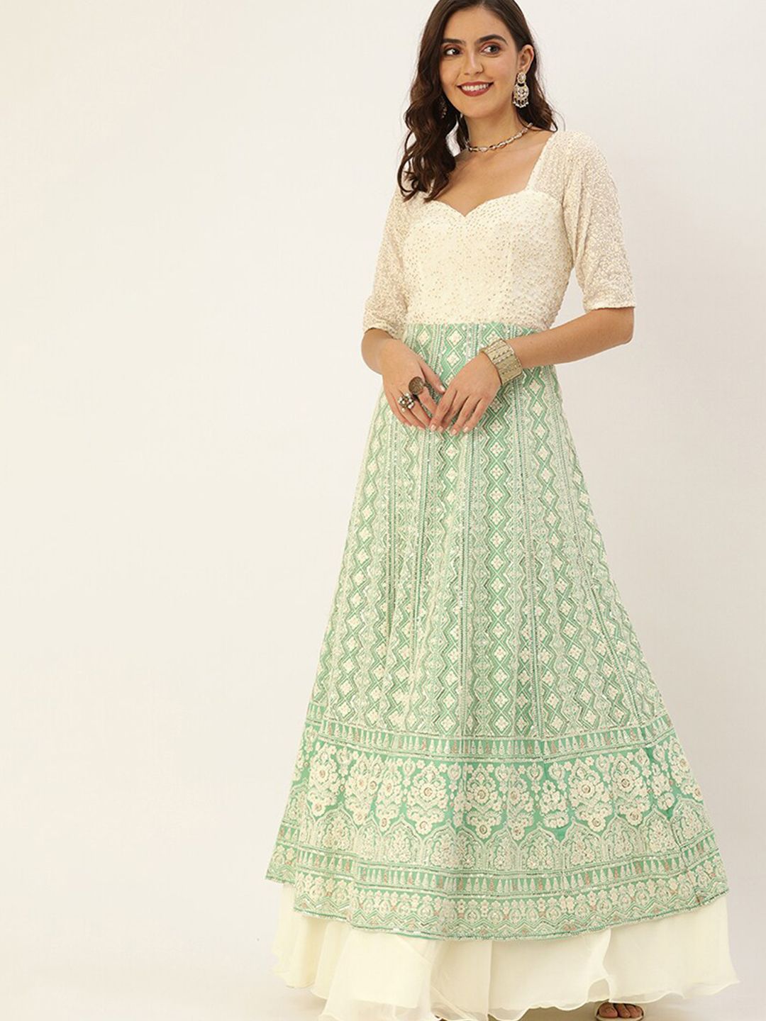 Ethnovog Green  Off White Floral Embroidered Maxi Dress Price in India