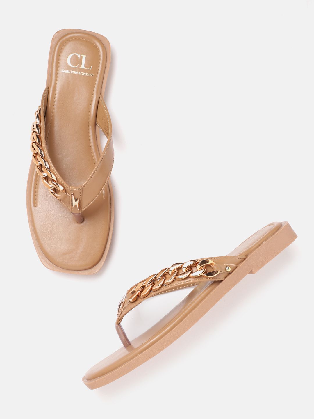 Carlton London Women Tan Brown Solid Open Toe Flats with Chain Detail Price in India