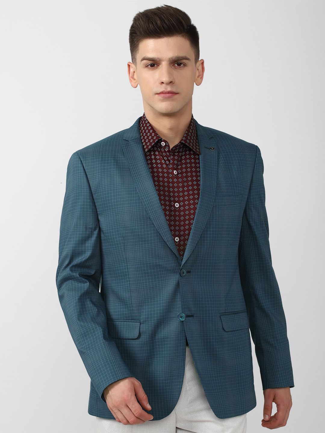 Van Heusen Men Blue Checked Single Breasted Formal Blazer