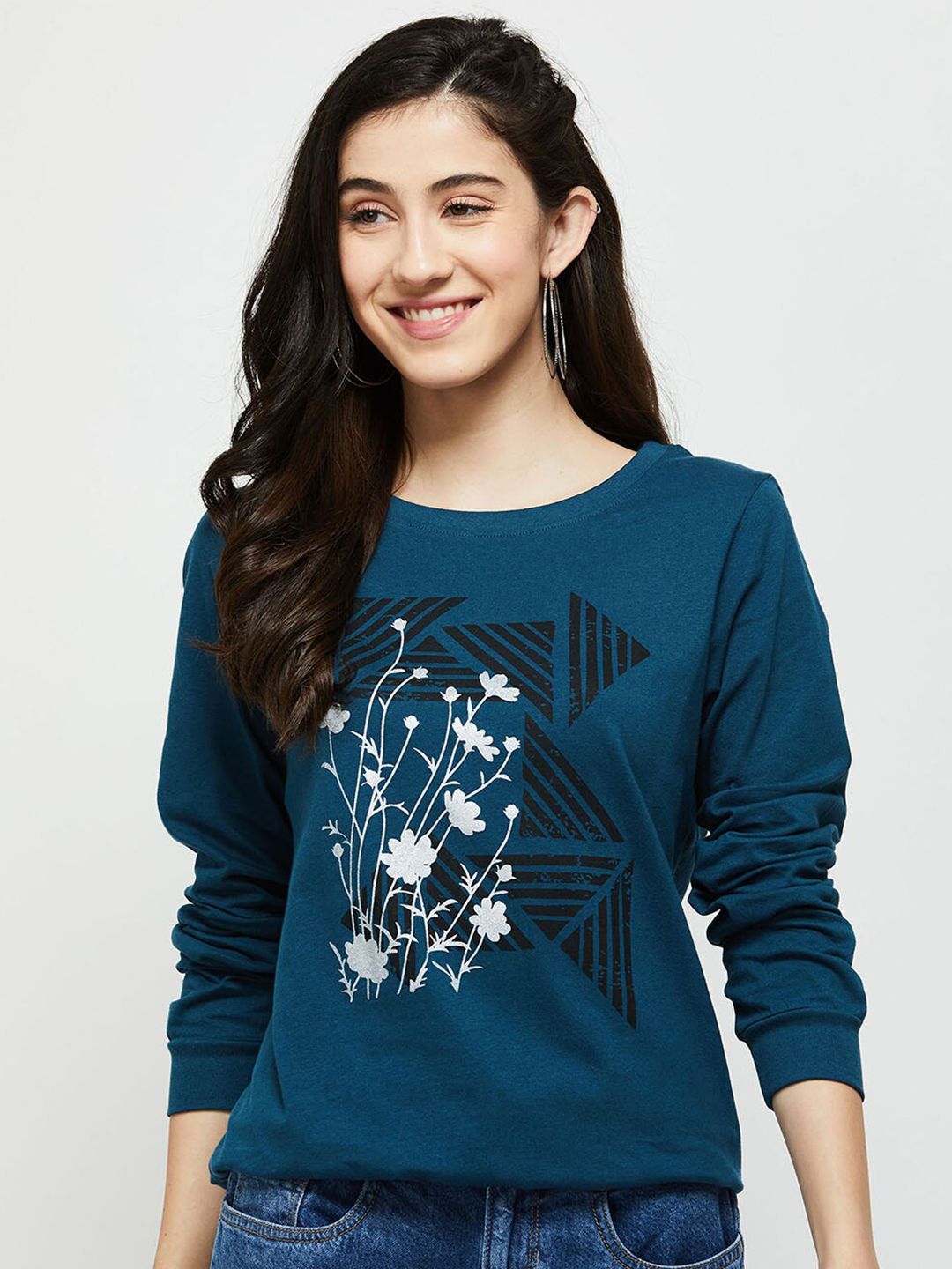 max Women Teal Printed Cotton T-shirt Price in India