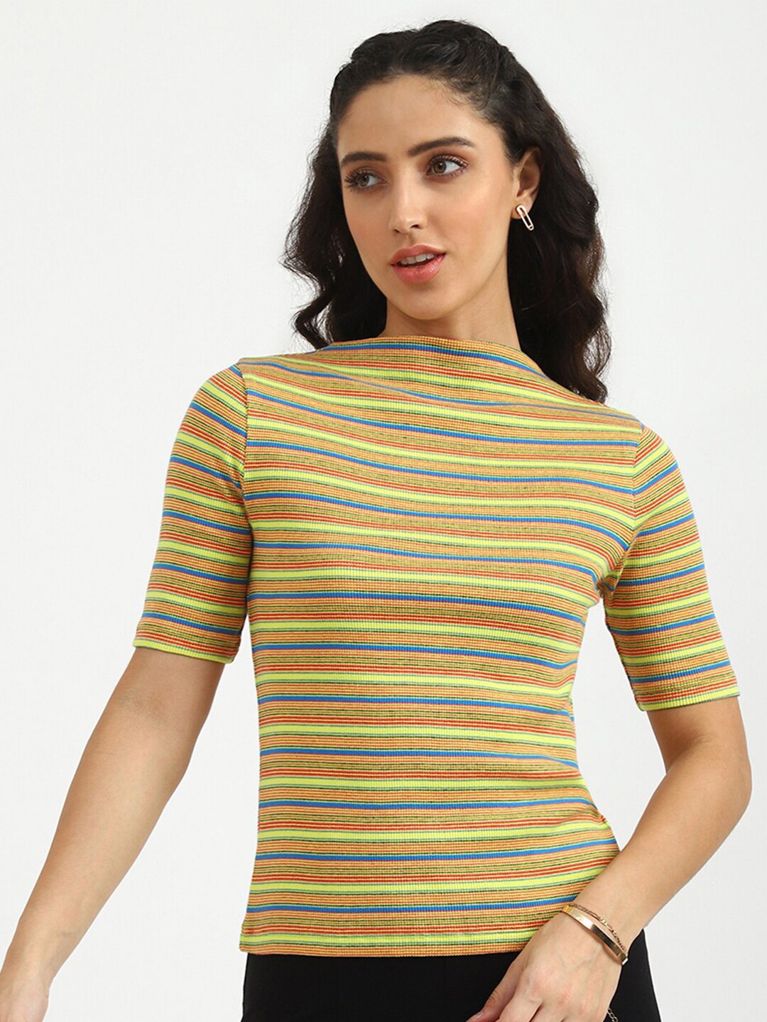 United Colors of Benetton Yellow & Pink Striped Top Price in India