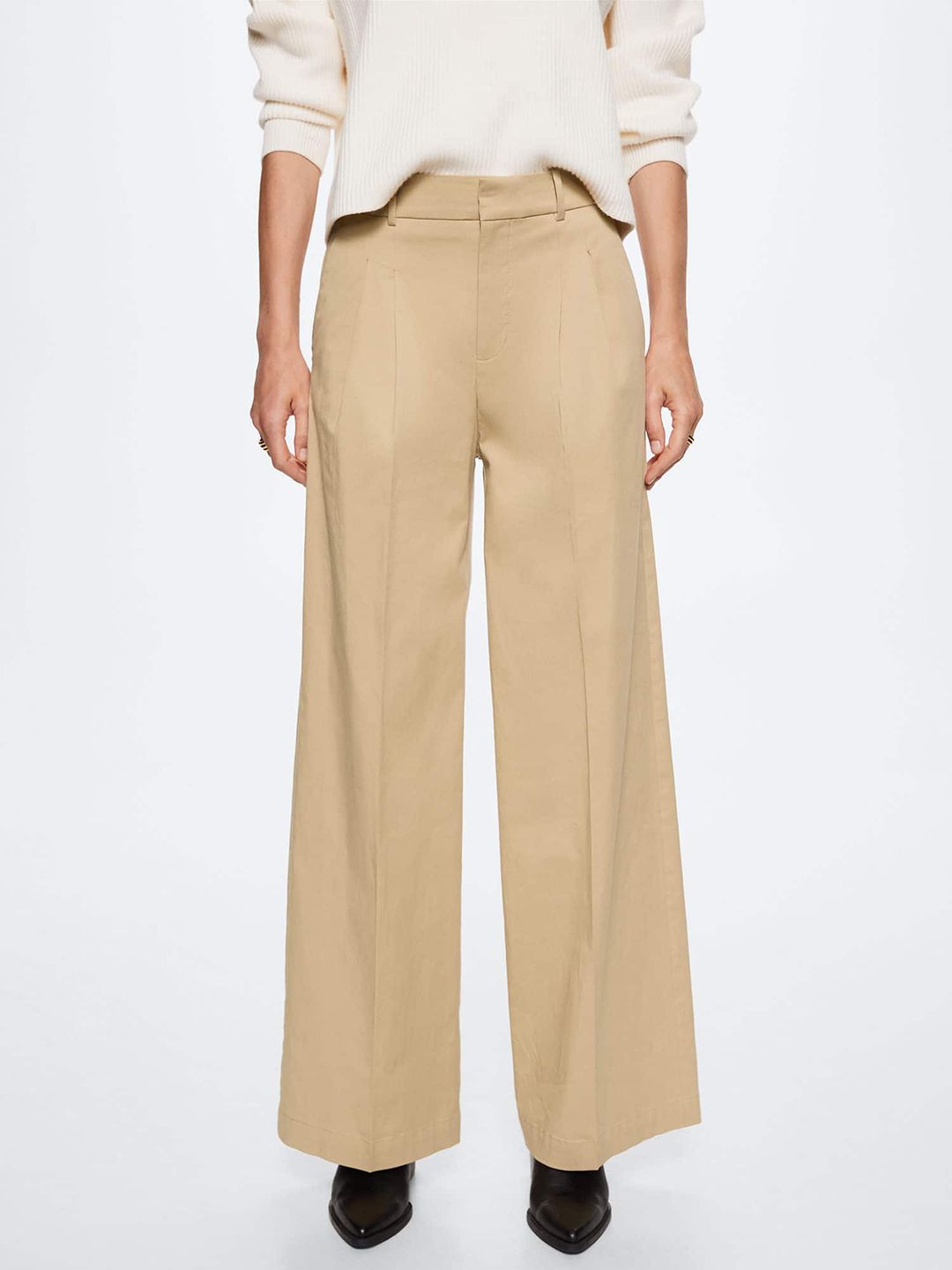 MANGO Women Beige Pleated Sustainable Trousers Price in India