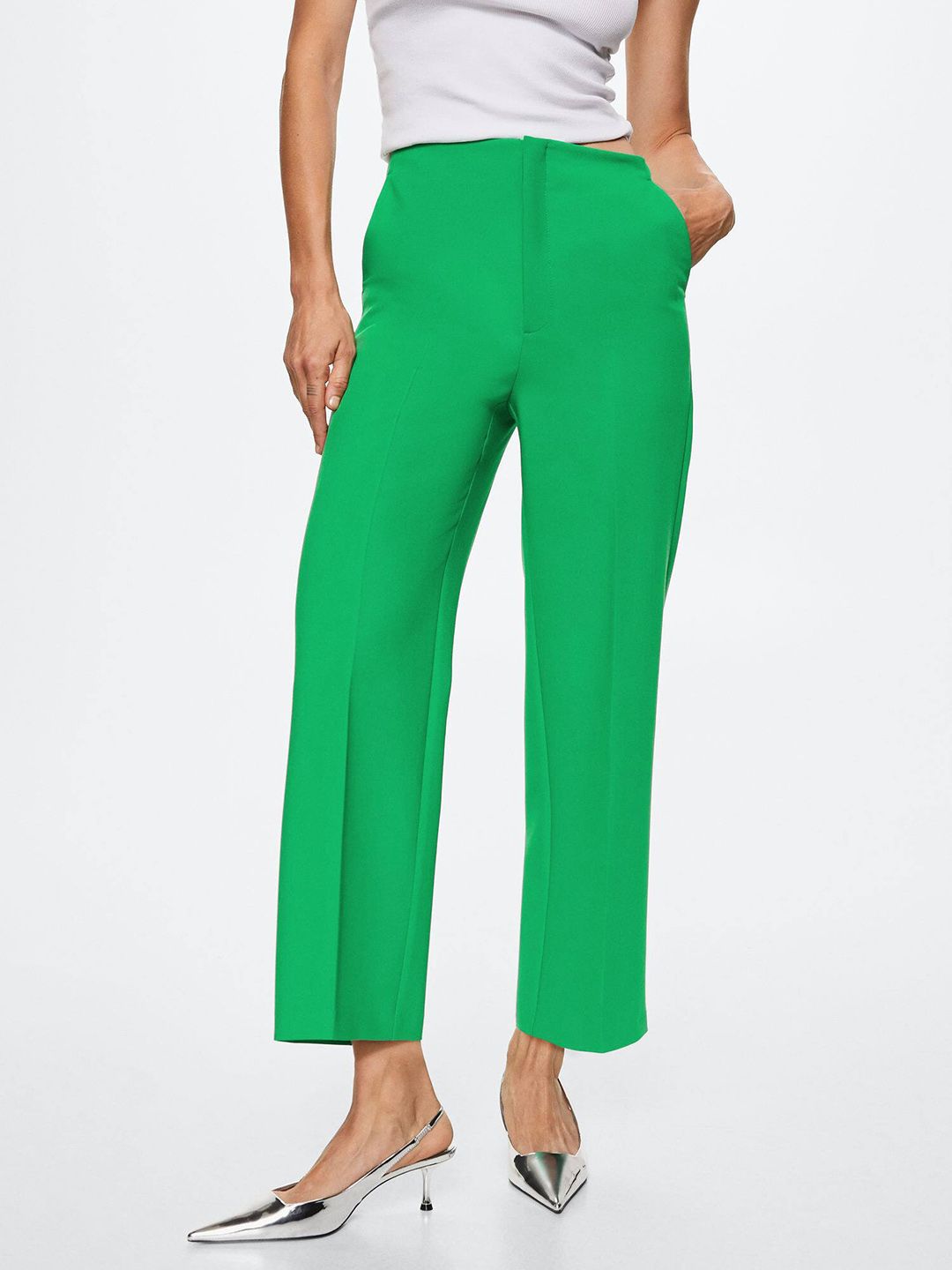 MANGO Women Green Pleated Sustainable Trousers Price in India