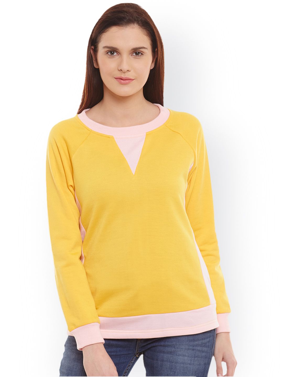 Belle Fille Women Yellow & Pink Sweatshirt Price in India