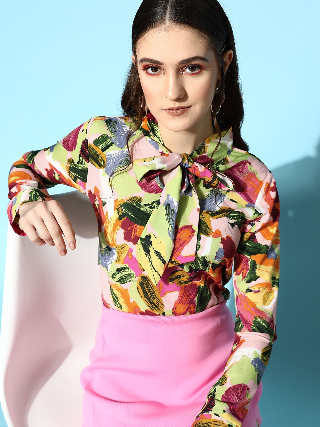 Berrylush Pink & Green Print Tie-Up Neck Crepe Top Price in India