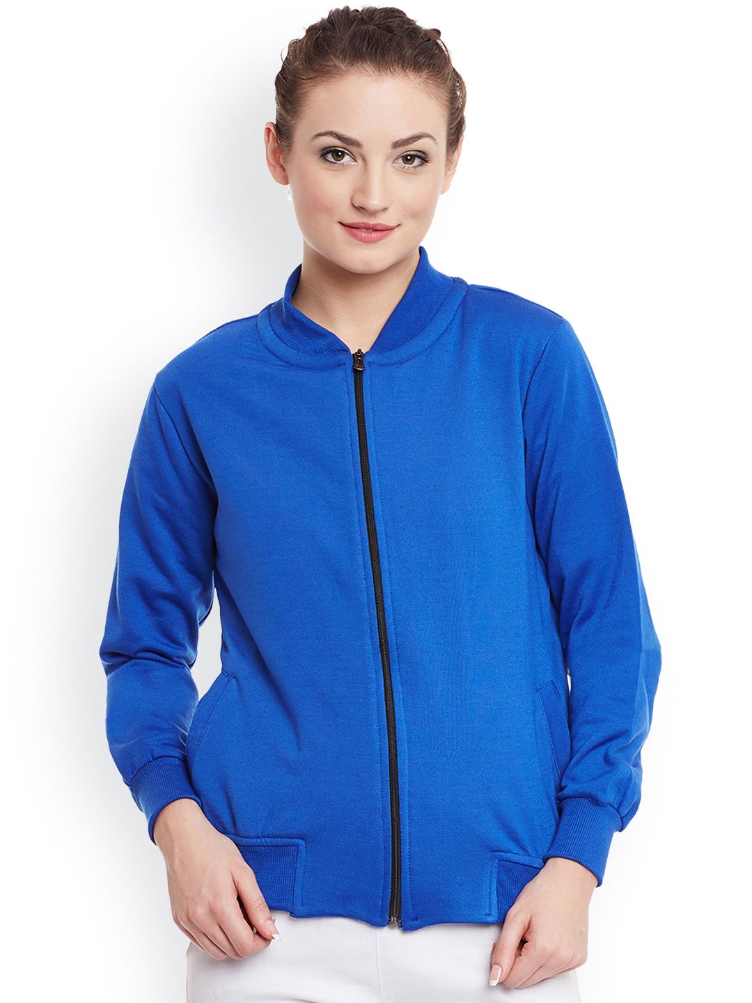 Belle Fille Women Blue Solid Bomber Jacket Price in India