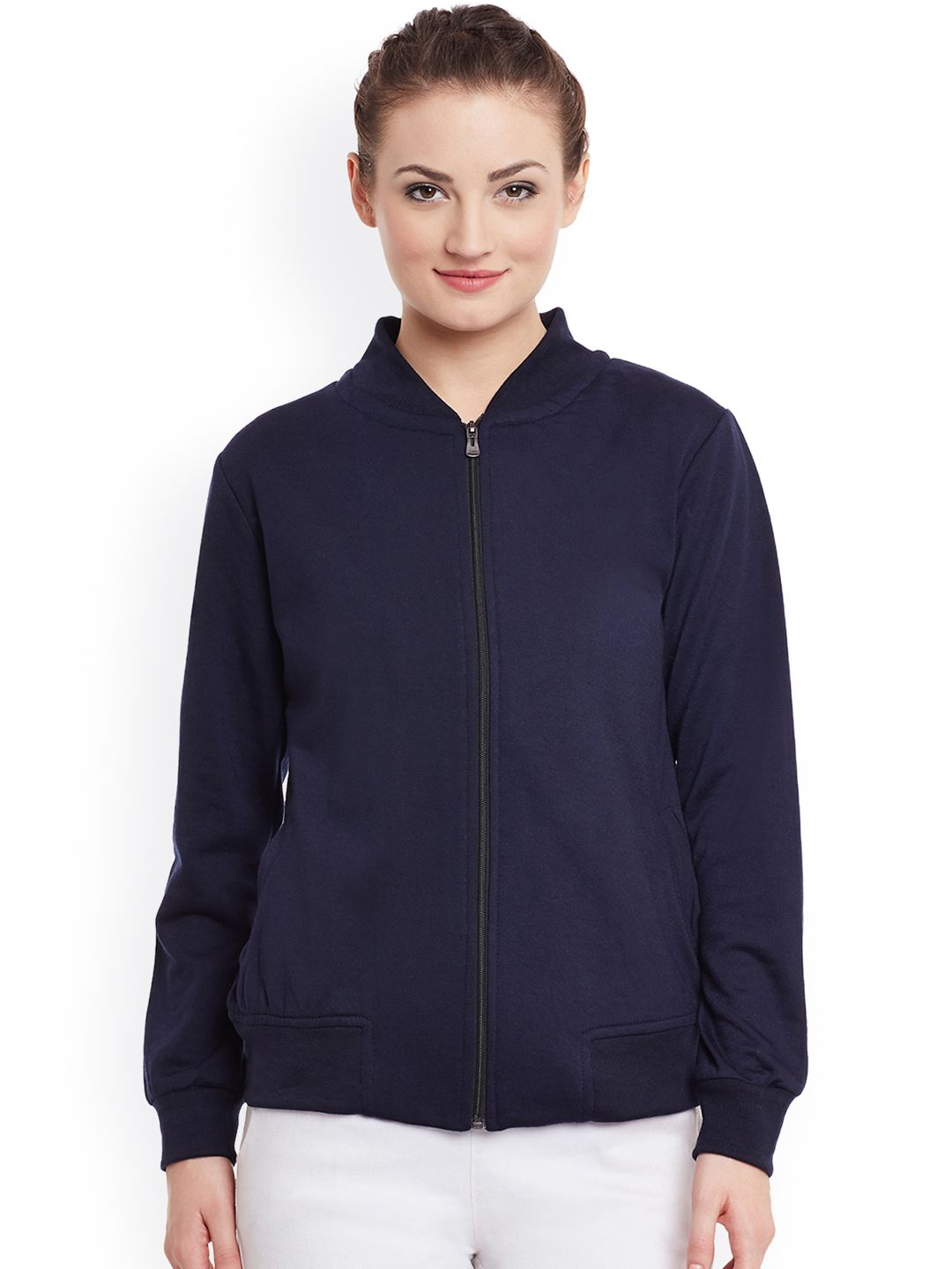 Belle Fille Women Navy Blue Solid Bomber Jacket