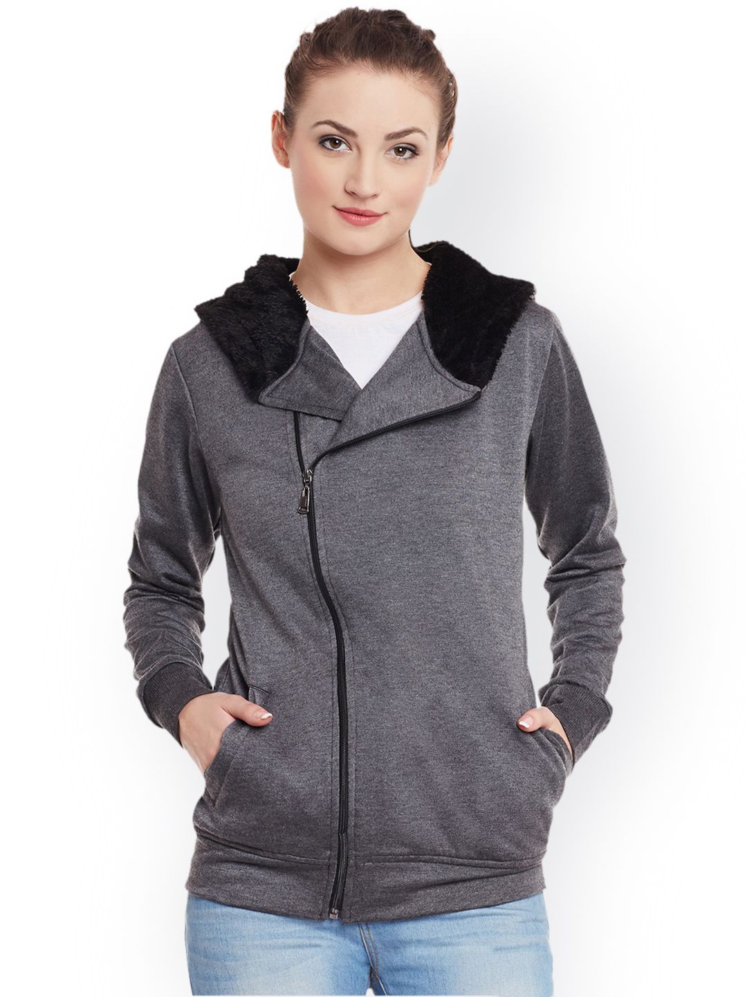 Belle Fille Women Grey Solid Hooded Sporty Jacket Price in India