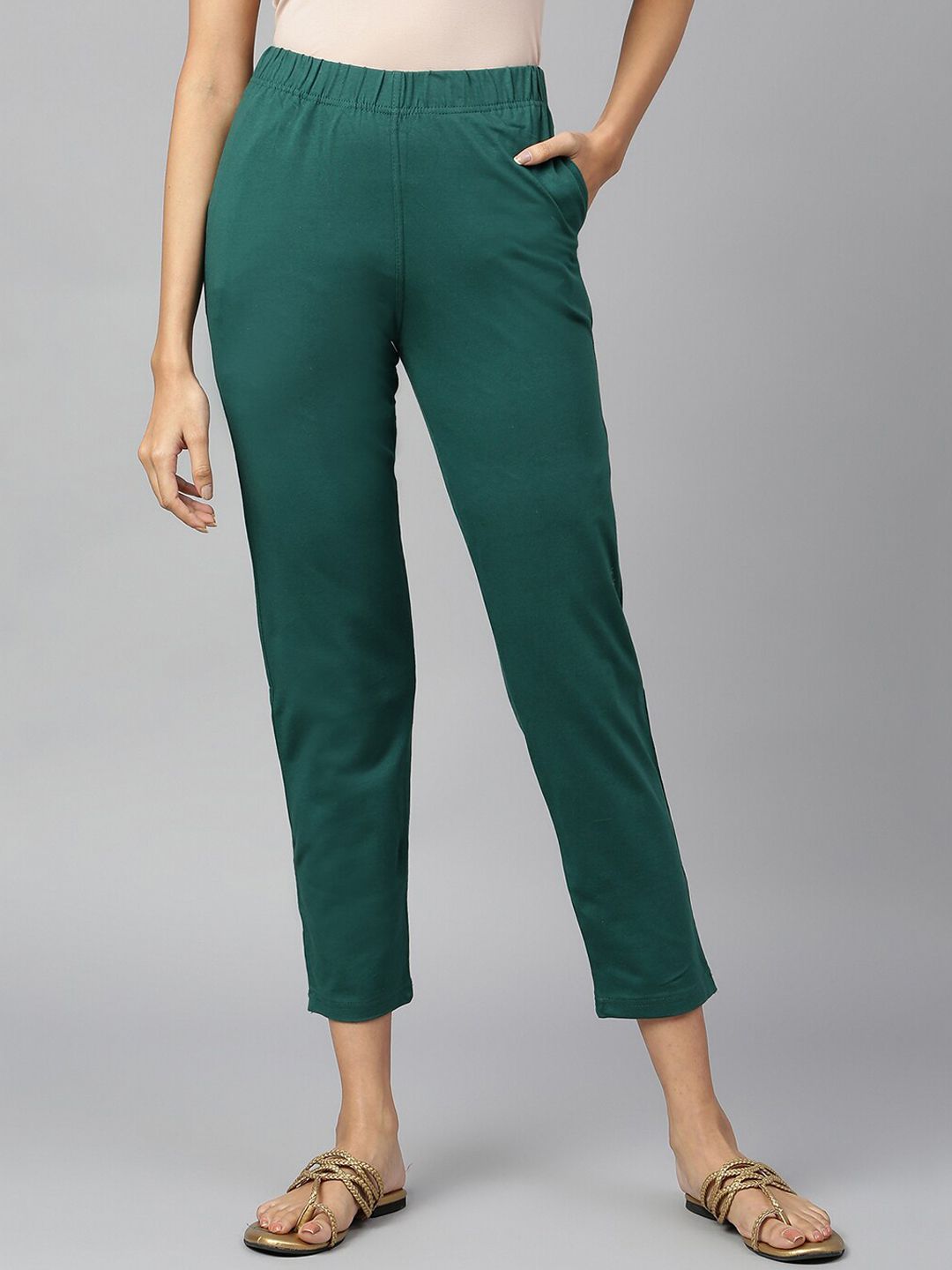 elleven Women Green Cotton Solid Trousers Price in India