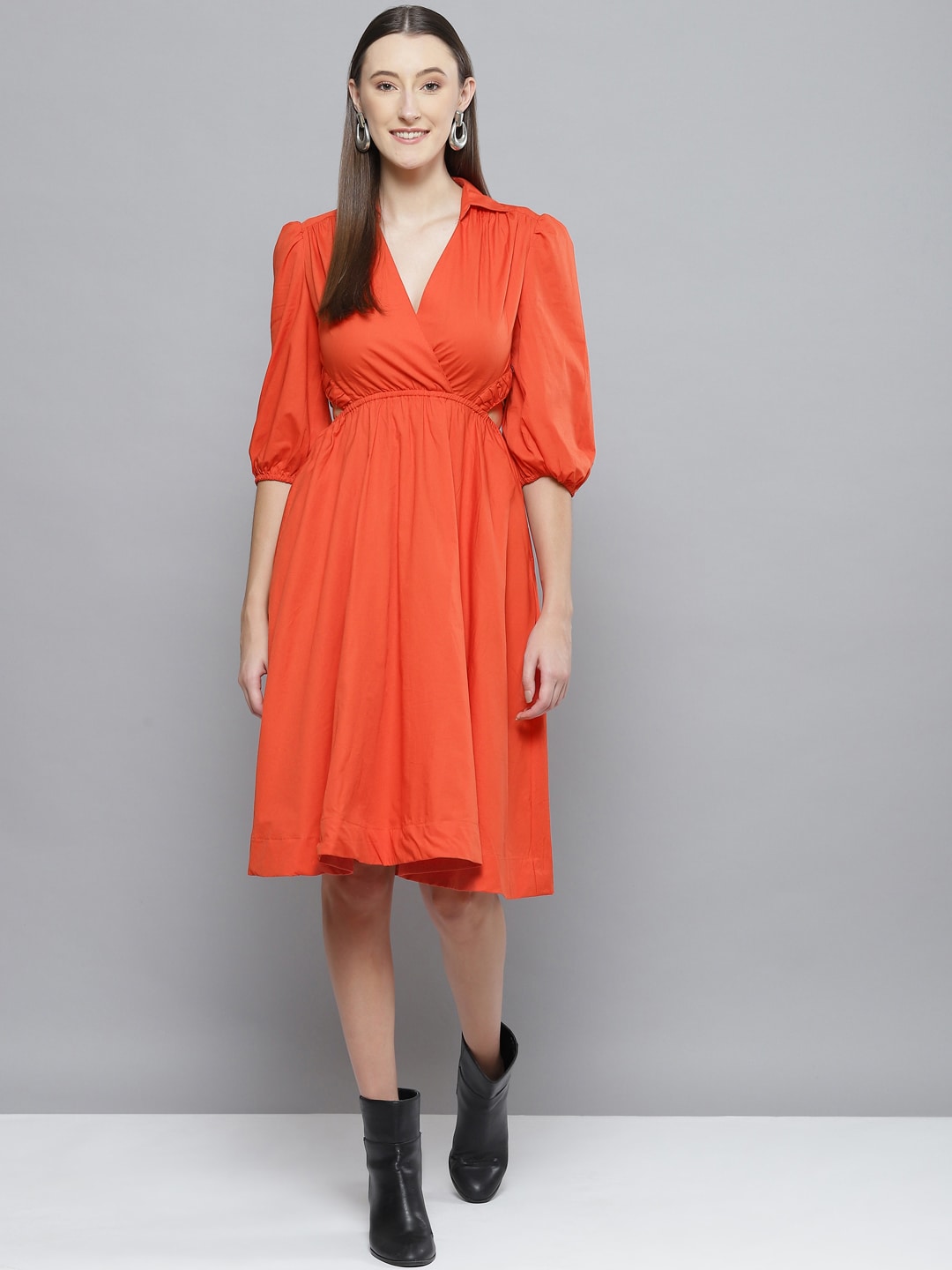 Femella Women Orange Cutout Puff Sleeves Dress Price in India