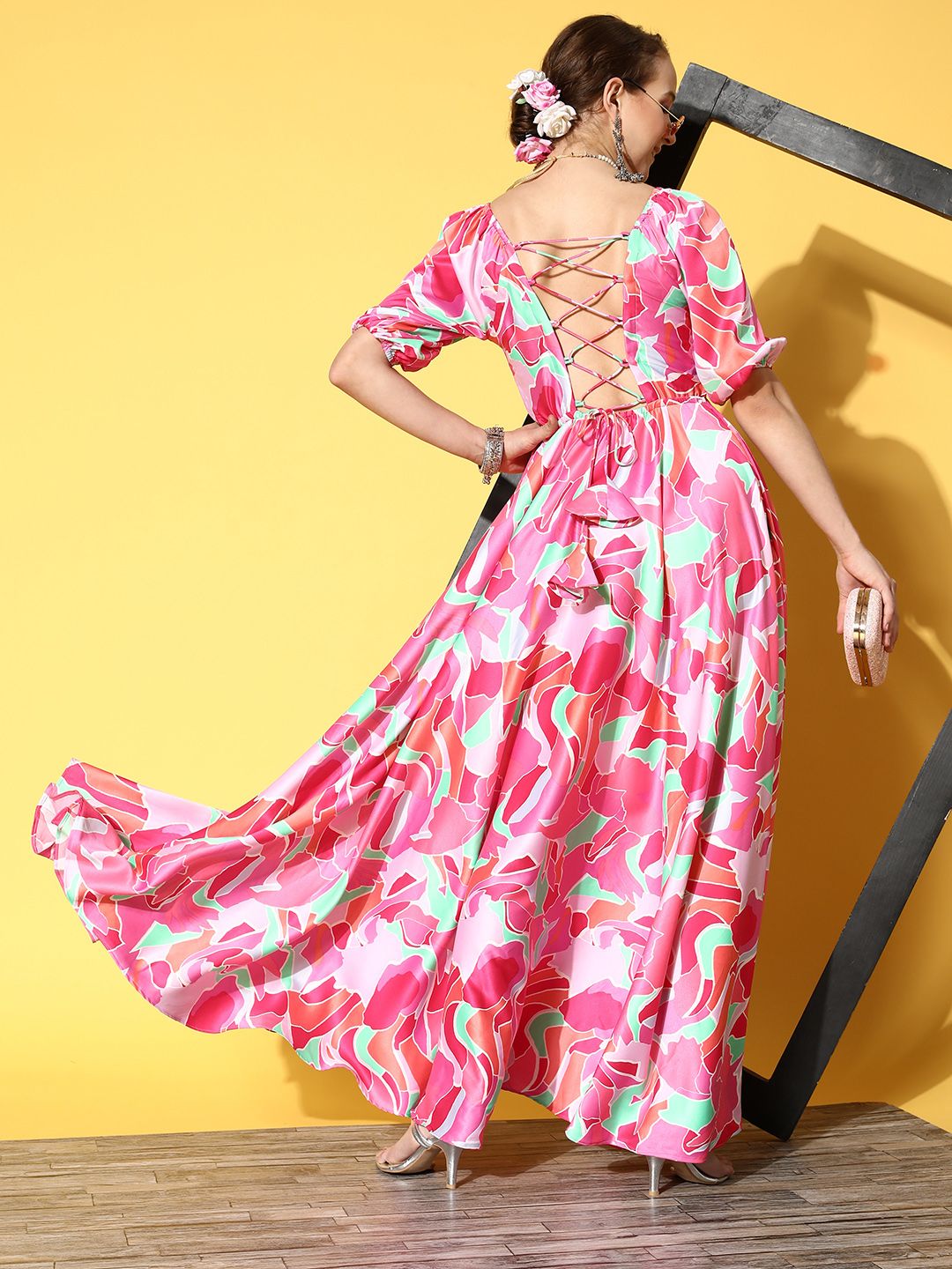 Inddus Multicoloured Satin Maxi Dress Price in India