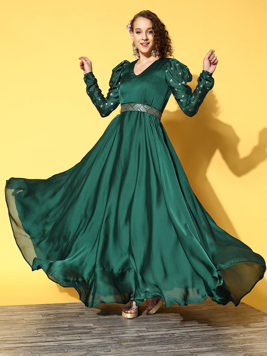 Inddus Green Satin Maxi Dress Price in India