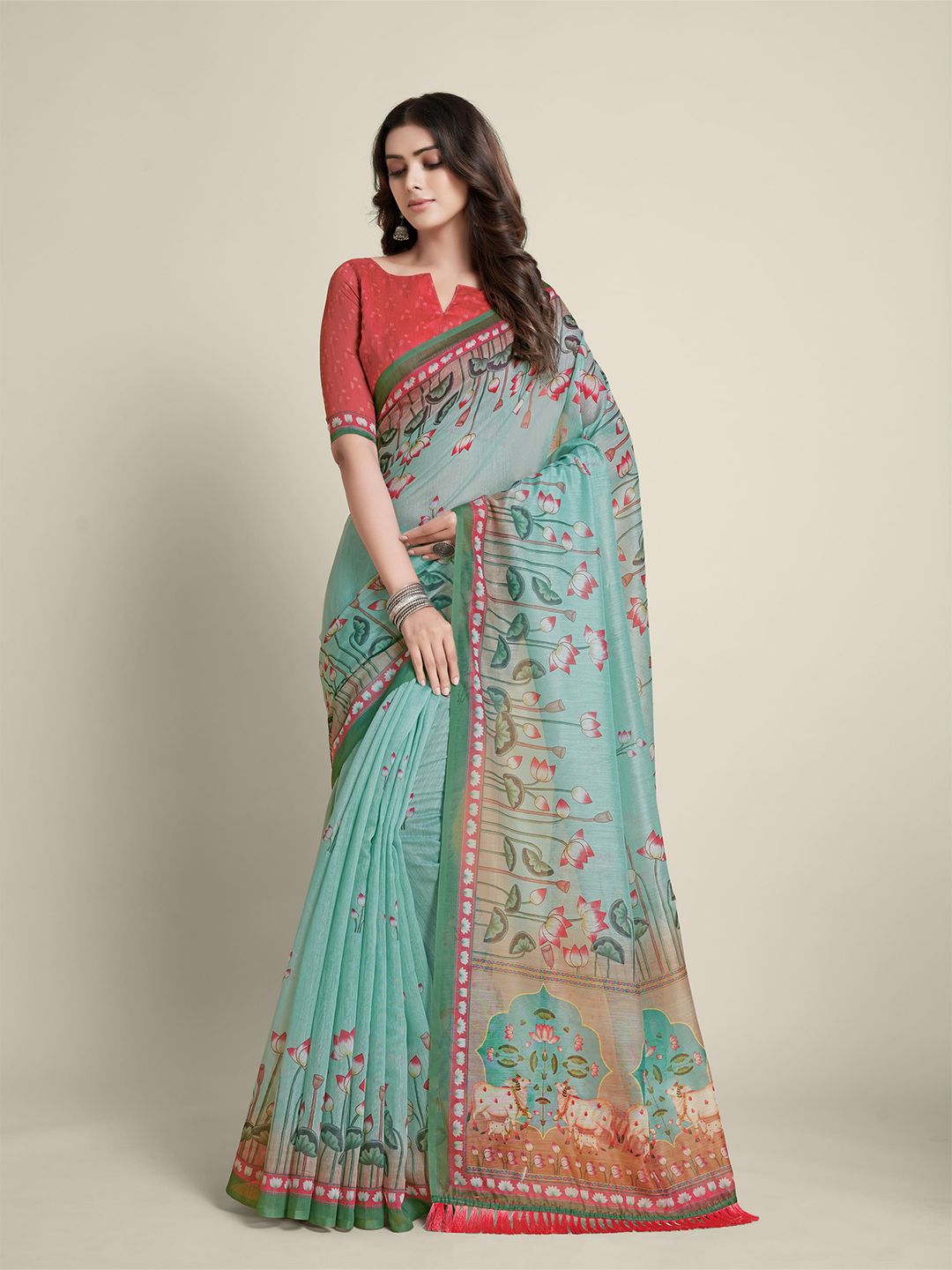all about you Teal & Pink Floral Printed Saree Price in India