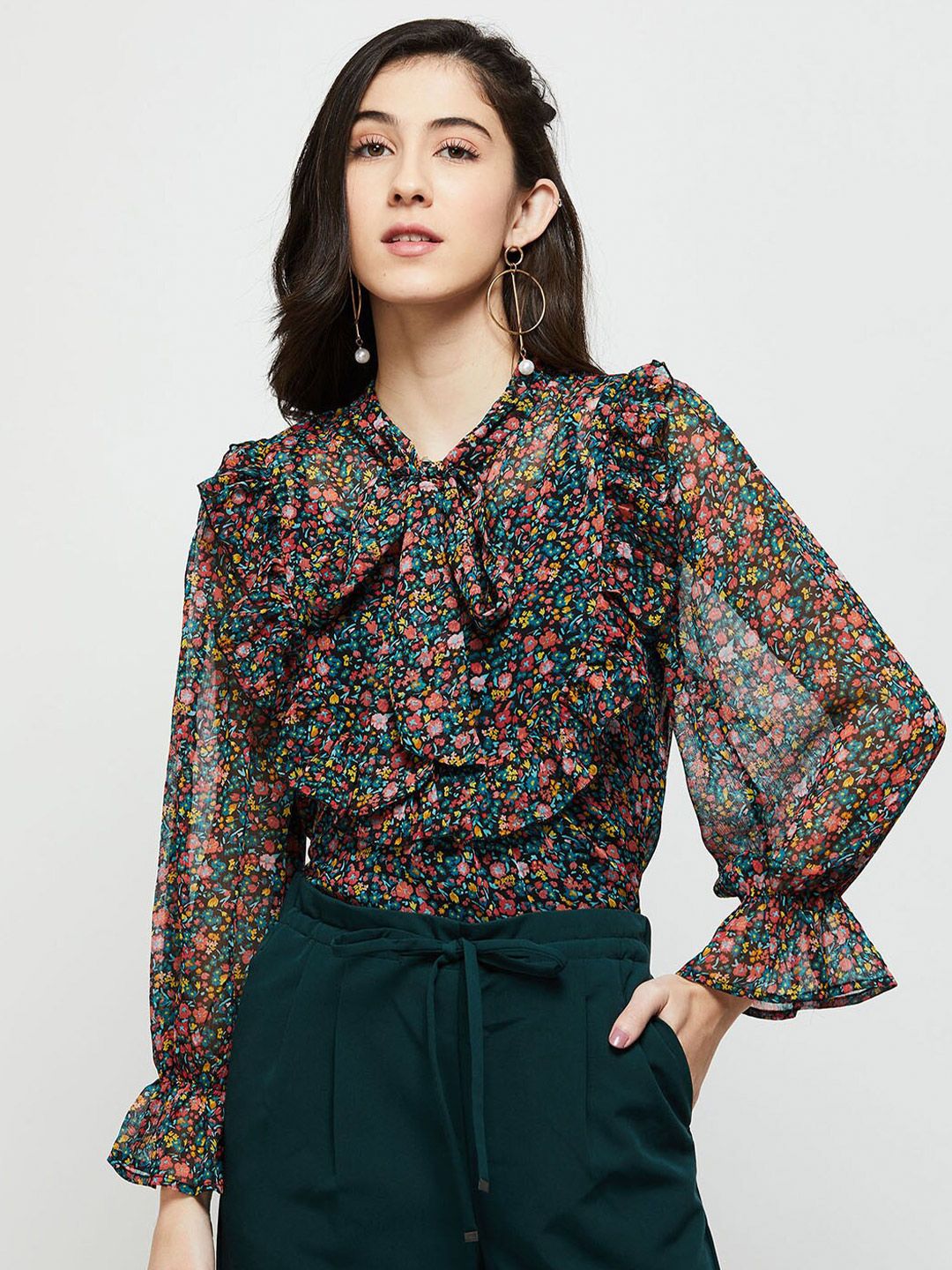 max Black Floral Print Tie-Up Neck Ruffles Top Price in India