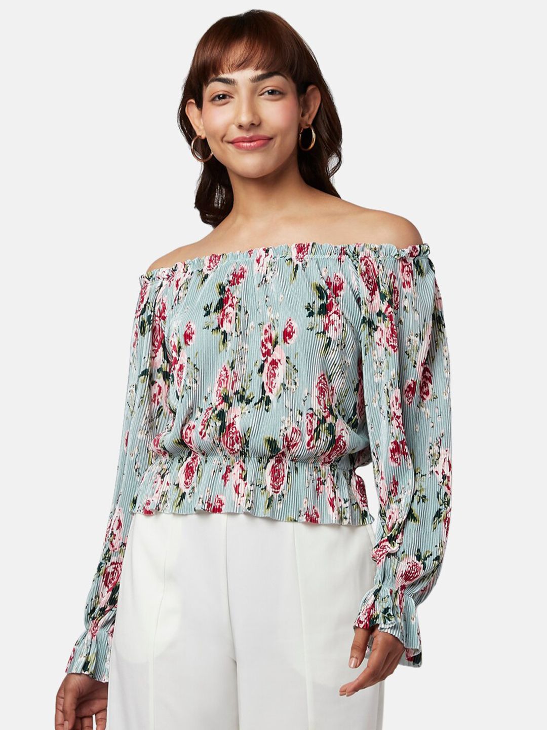 Honey by Pantaloons Blue Floral Print Off-Shoulder Bardot Top Price in India