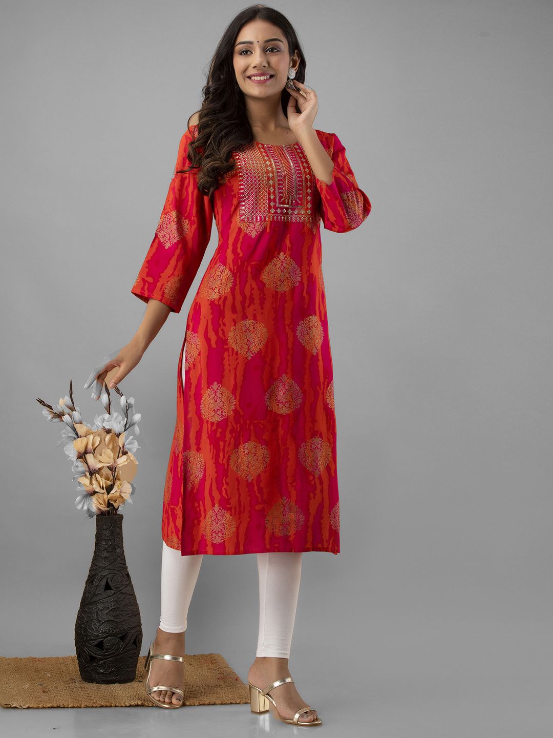 NAYRAH Women Red Ethnic Motifs Yoke Design Kurta Price in India