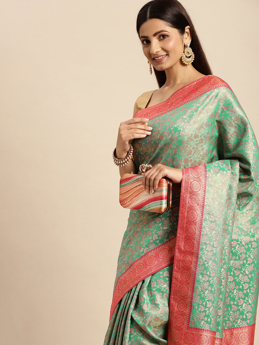 MOHEY Green & Pink Floral Art Silk Saree Price in India