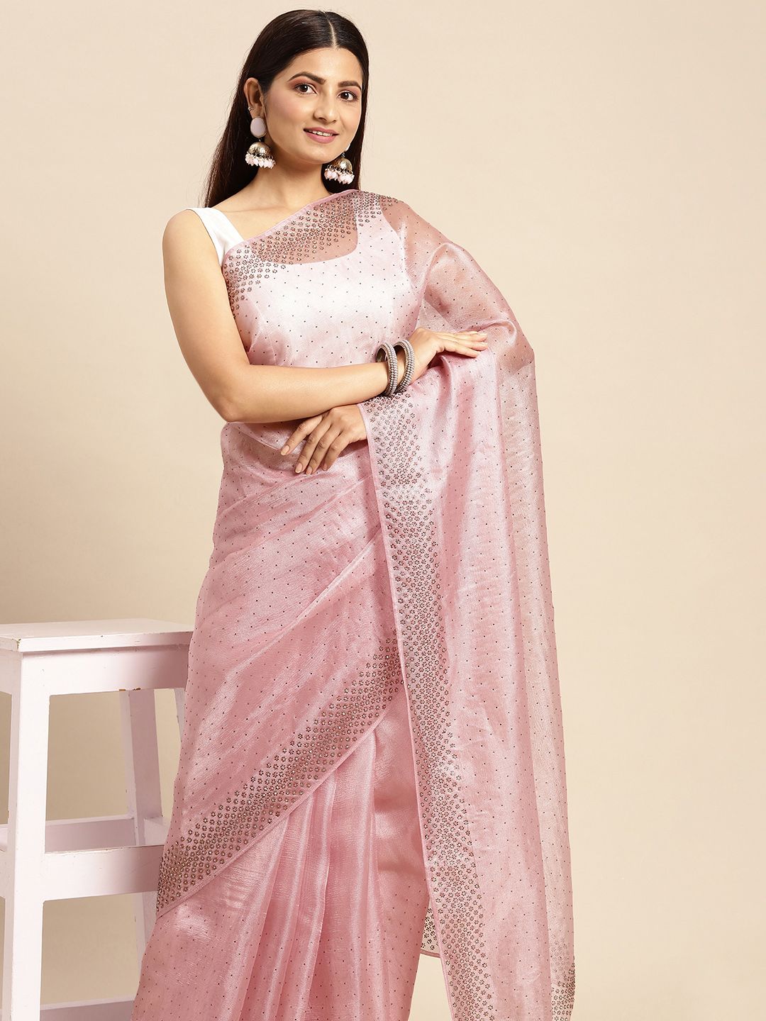 MOHEY Pink Embellished Net Saree Price in India