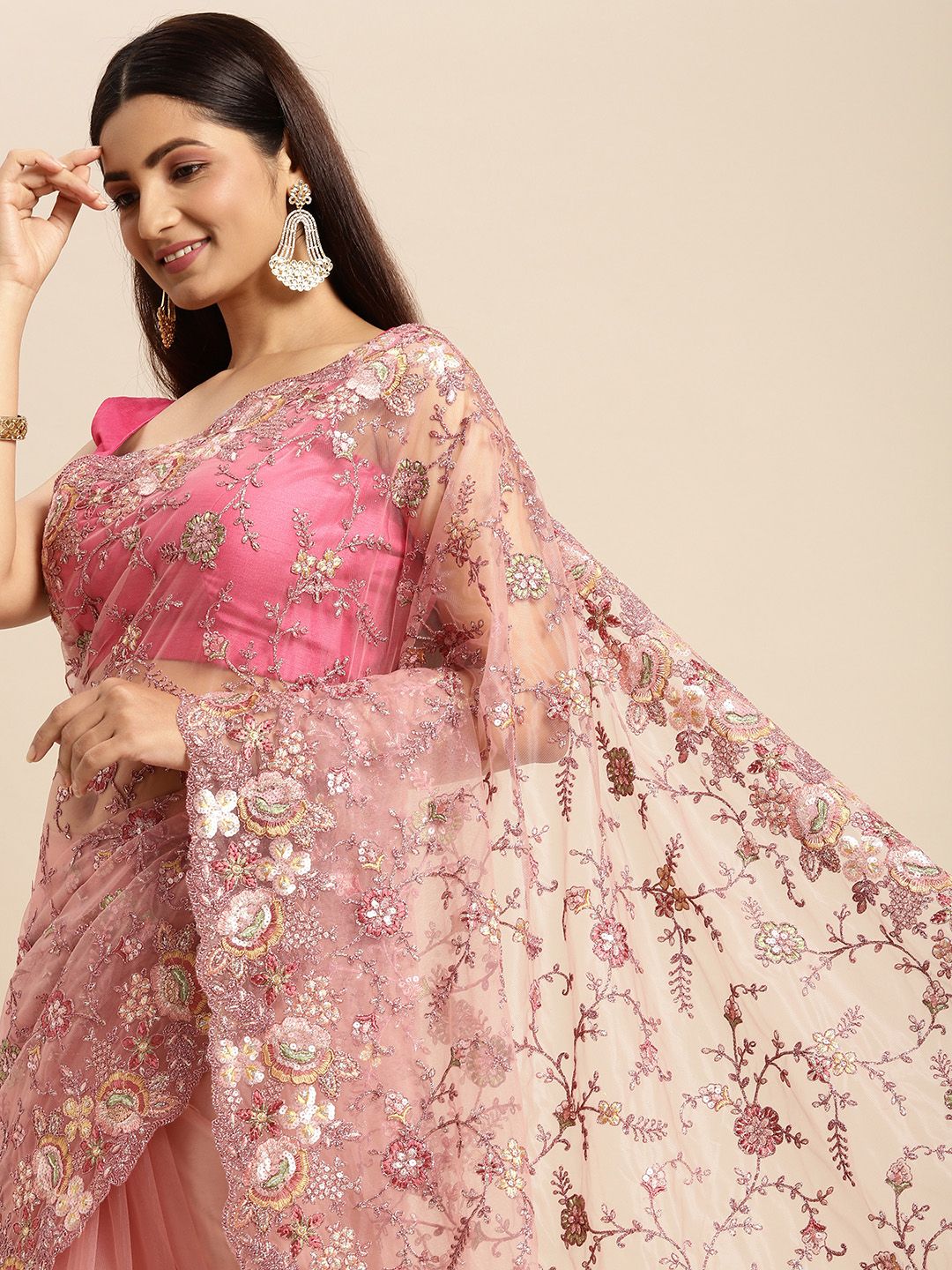 MOHEY Pink Floral Woven Design Beads and Stones Net Saree Price in India