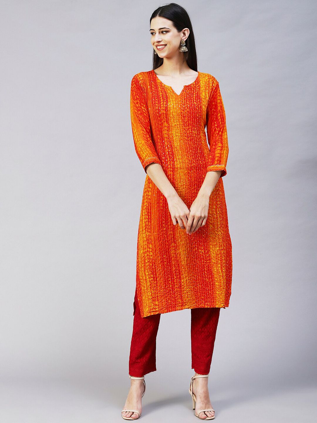 FASHOR Women Orange Sequins Embroidered Kurta Price in India
