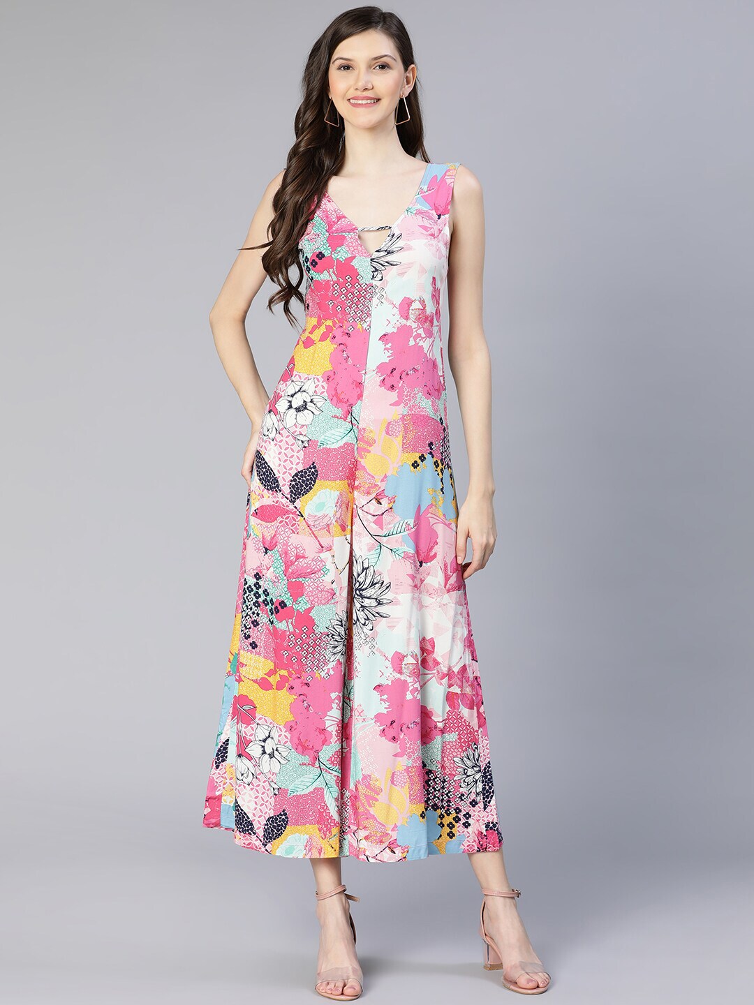 Oxolloxo Women Pink & White Printed Basic Jumpsuit Price in India