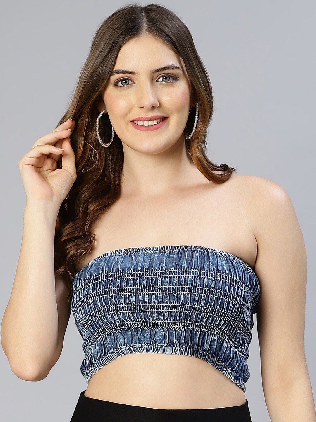 Oxolloxo Women Blue Smocked Tube Pure Cotton Crop Top Price in India