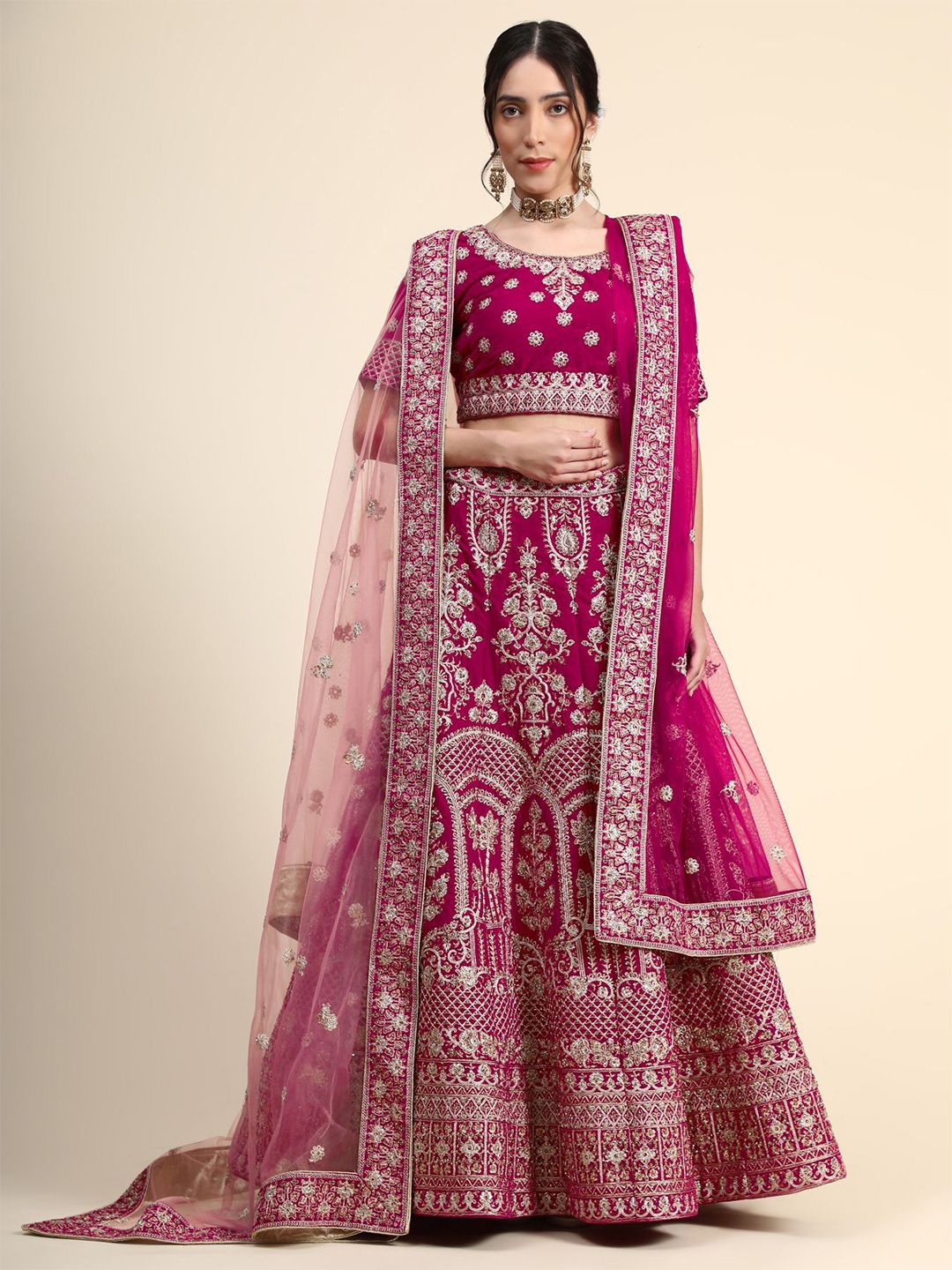 Phenav Magenta & Silver-Toned Embroidered Thread Work Ready to Wear Lehenga & Blouse With Dupatta Price in India