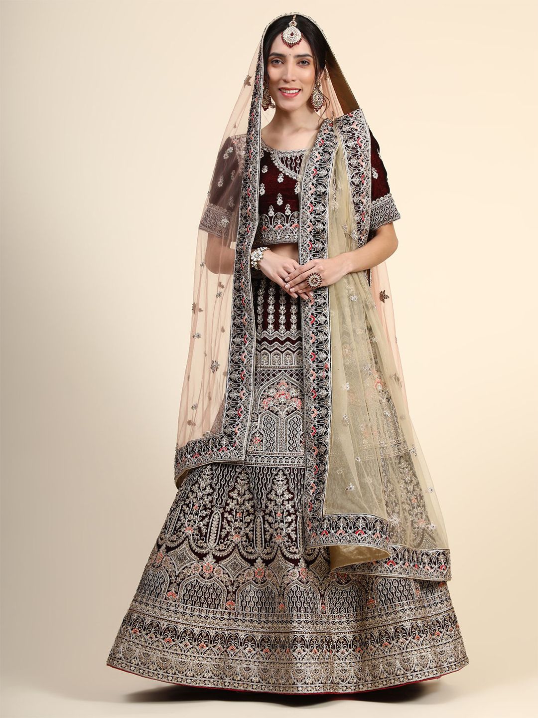 Phenav Maroon & Peach-Coloured Embroidered Thread Work Ready to Wear Lehenga & Blouse With Dupatta Price in India