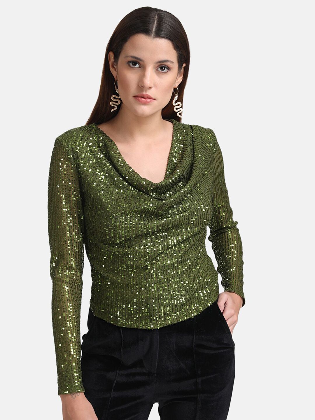 Kazo Women Olive Green Embellished Cowl Neck Top Price in India