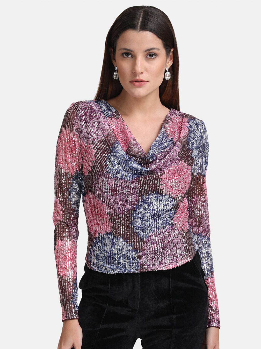 Kazo Pink Floral Embellished Cowl Neck Top Price in India