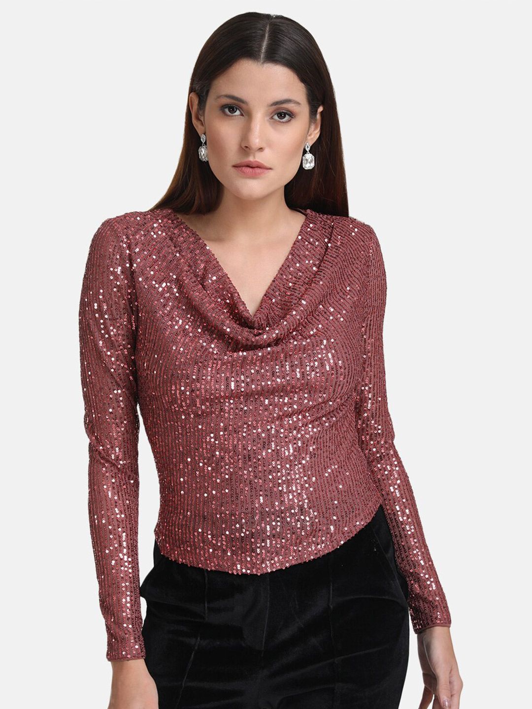 Kazo Women Pink Embellished Cowl Neck Top Price in India