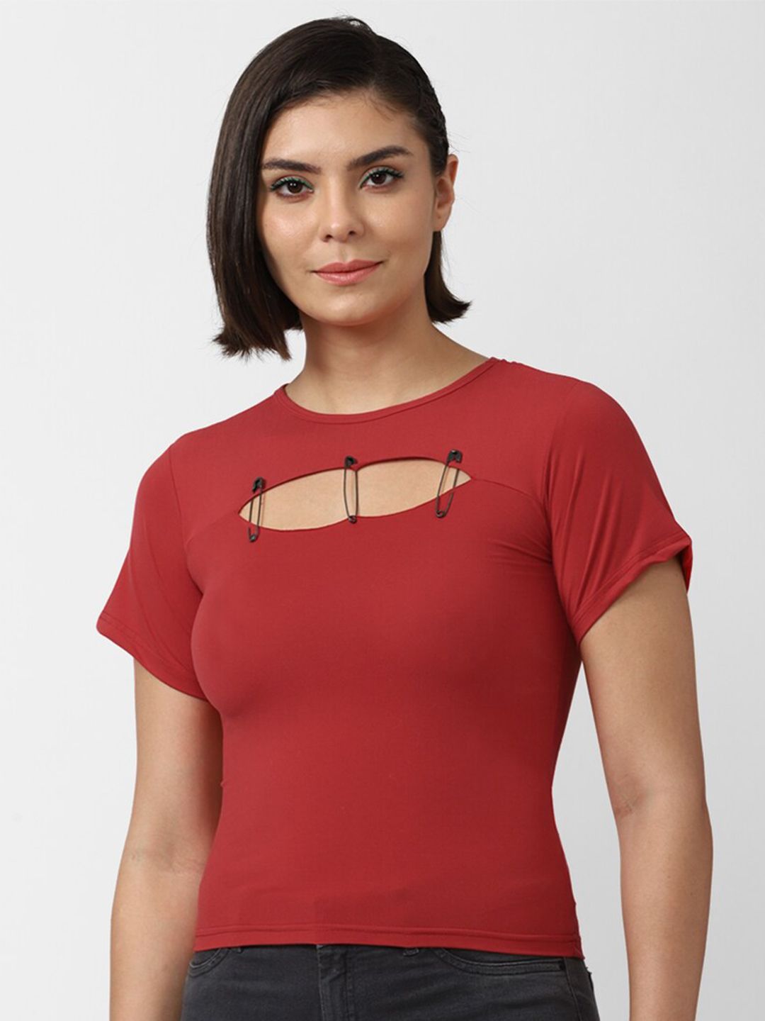 FOREVER 21 Women Red Solid Crop Top Price in India