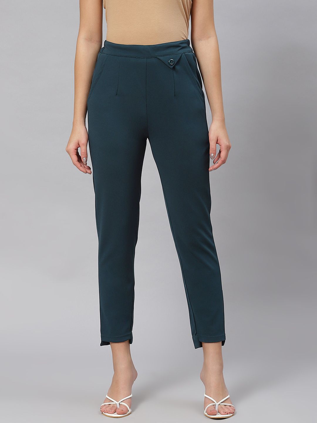 plusS Women Green Solid Mid-Rise Regular Fit Trousers Price in India