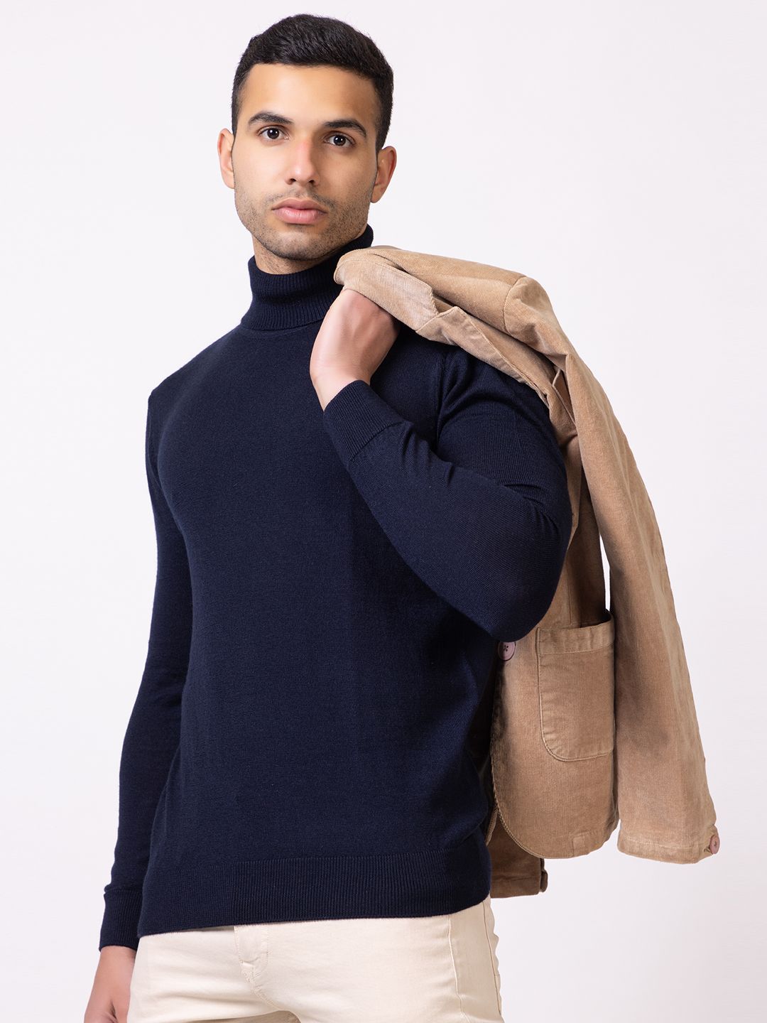 ARMISTO Men Navy Blue Woolen Turtle Neck Pullover