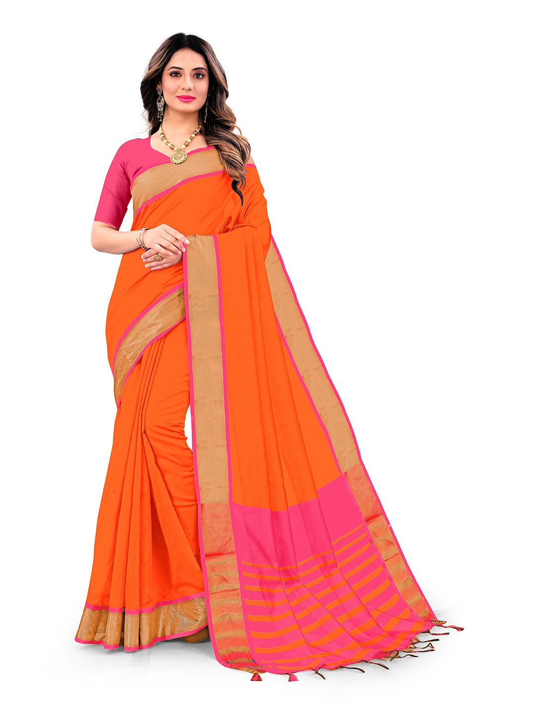 KALINI Orange & Pink Zari Silk Cotton Banarasi Saree Price in India