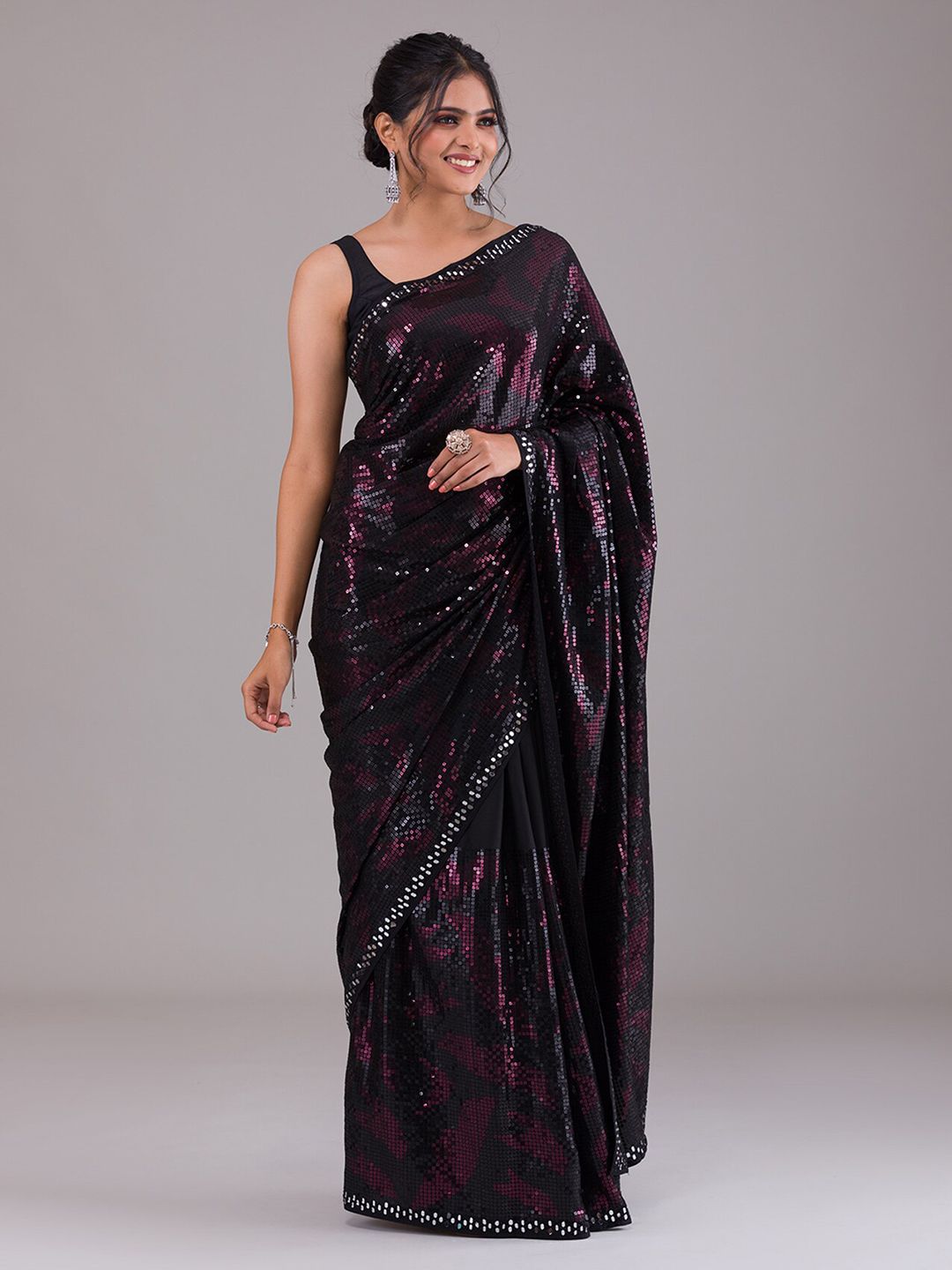 Koskii Black & Purple Embellished Sequinned Saree Price in India