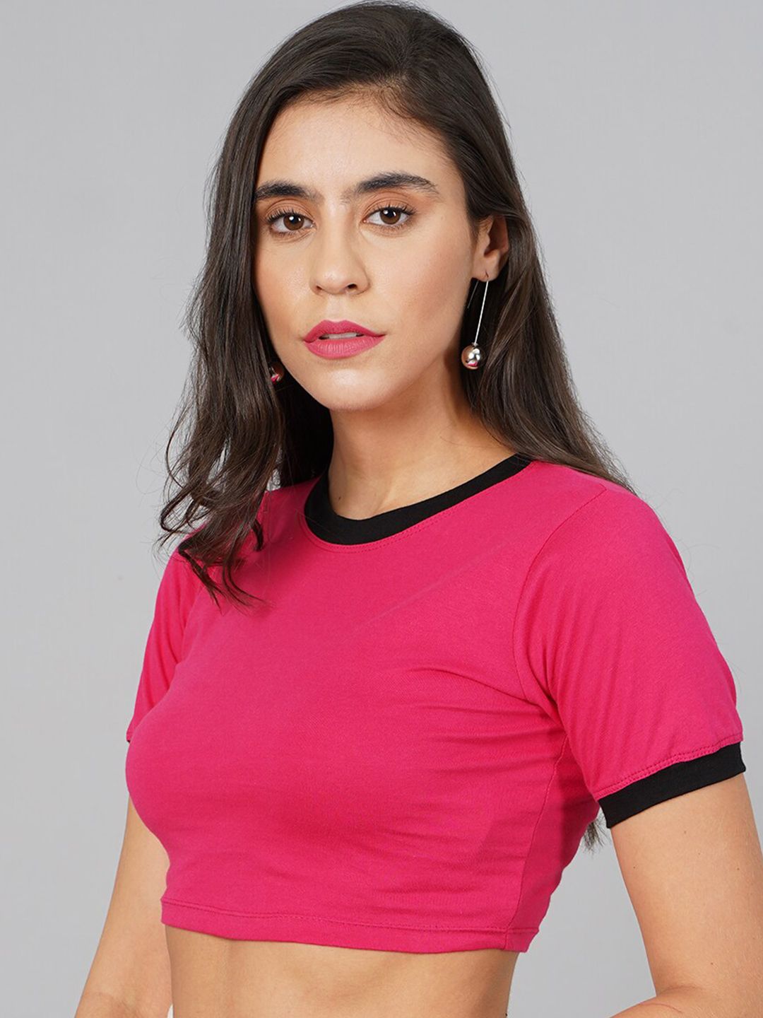 SCORPIUS Women Fuchsia Short Sleeves Fitted Crop Top Price in India
