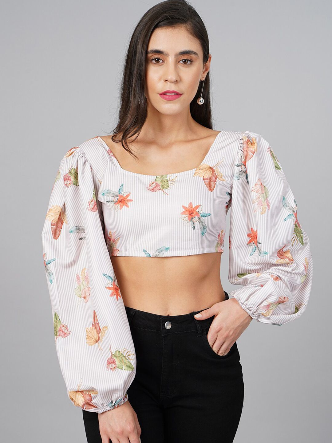 SCORPIUS Women Off White Floral Print Styled Back Crop Top Price in India