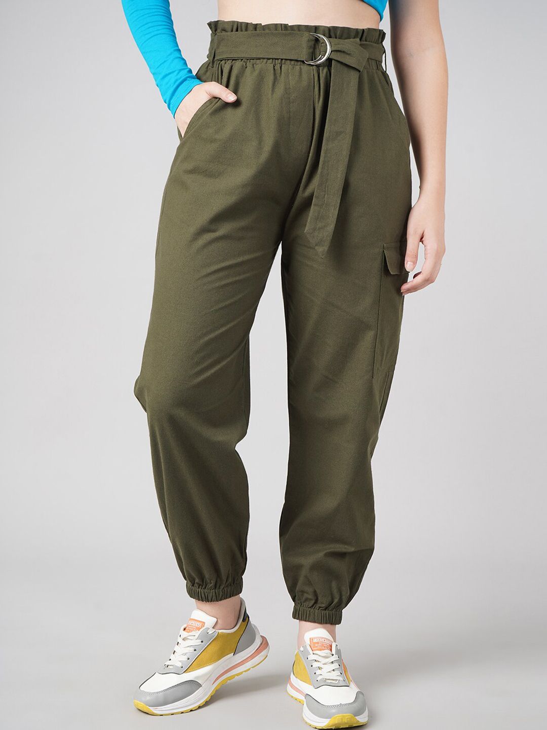 DIVA WALK EXCLUSIVE Women Olive Green High-Rise Cotton Trousers Price in India