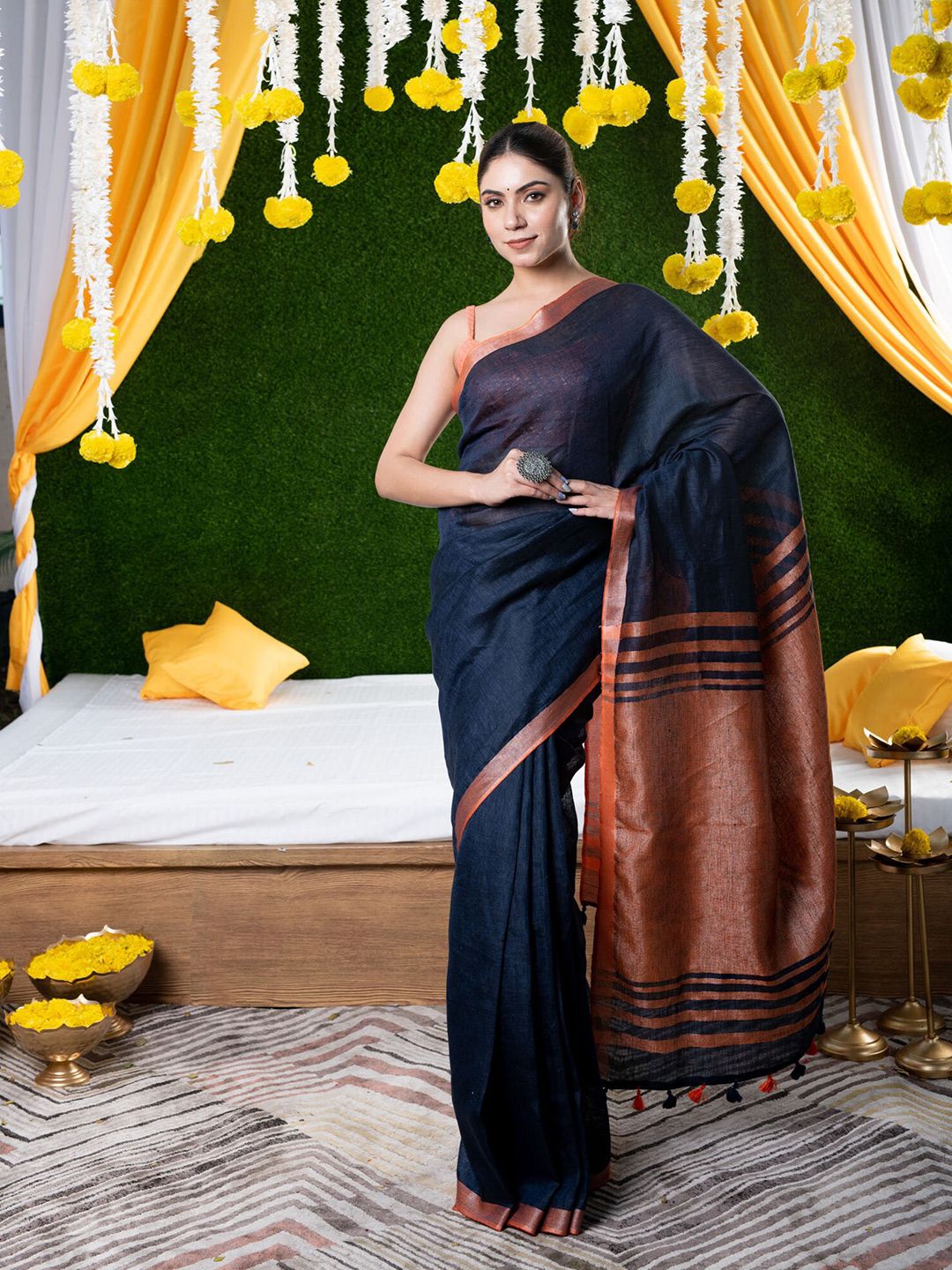 BEATITUDE Navy Blue & Orange Pure Linen Saree Price in India