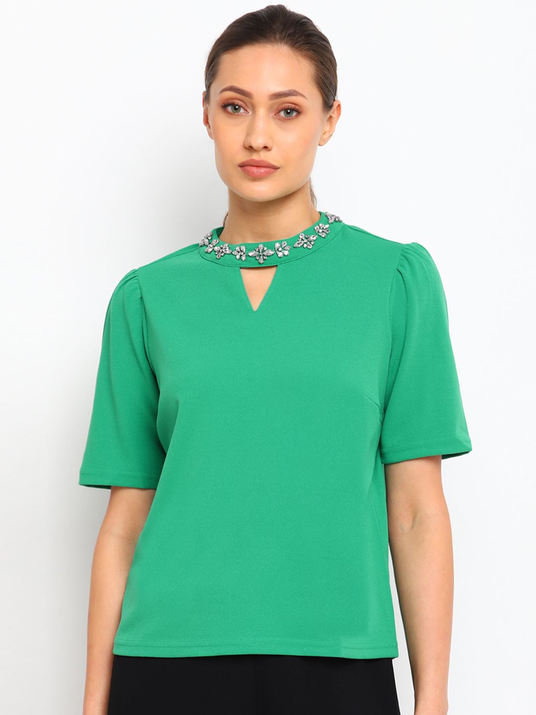 COVER STORY Women Green Solid Keyhole Neck Studded Top Price in India