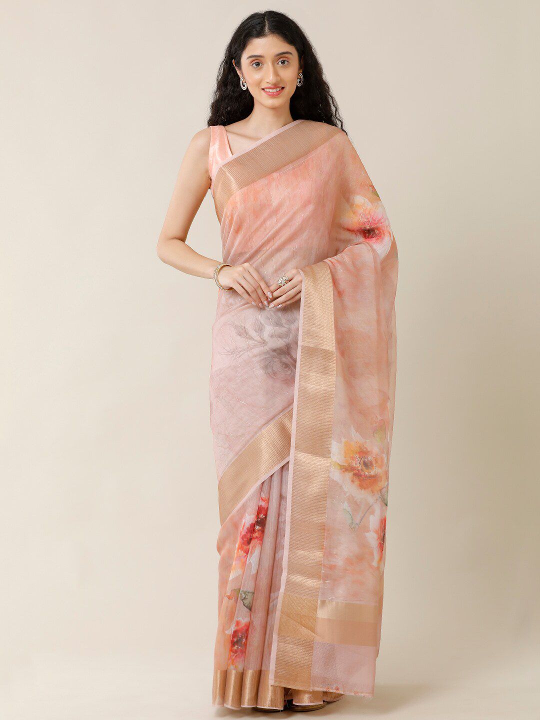 SAMITTE Peach-Coloured & Gold-Toned Floral Zari Saree Price in India