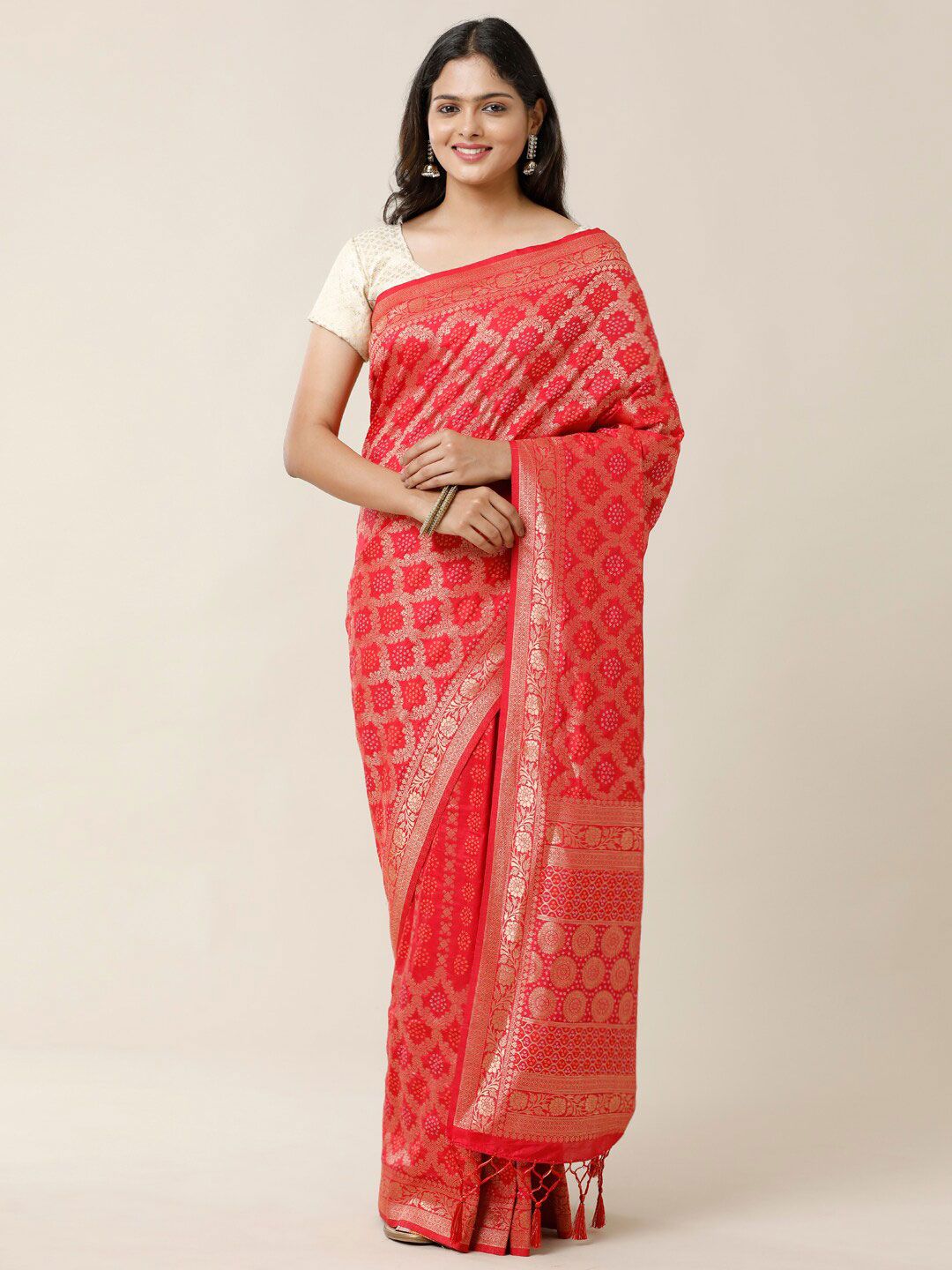 SAMITTE Red & Gold-Toned Woven Design Zari Saree Price in India