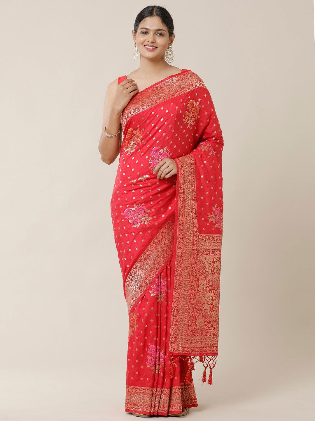 SAMITTE Red & Gold-Toned Woven Design Zari Saree Price in India