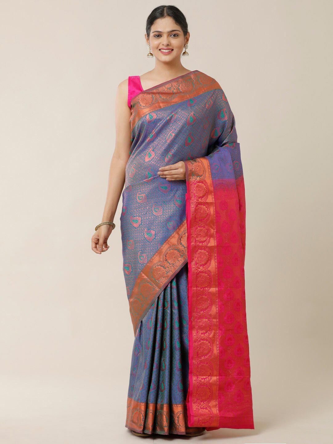 SAMITTE Blue & Red Woven Design Zari Silk Blend Dharmavaram Saree Price in India