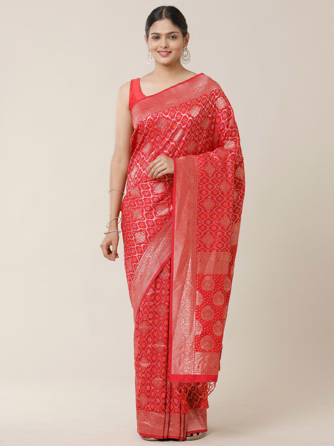 SAMITTE Red & Gold-Toned Woven Design Zari Saree Price in India