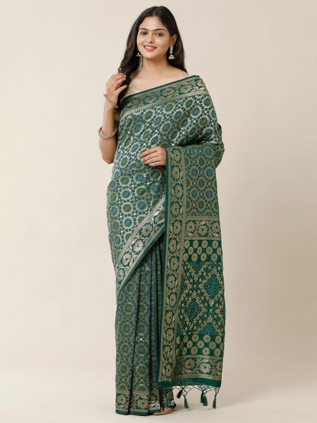 SAMITTE Green & Gold-Toned Woven Design Zari Saree Price in India