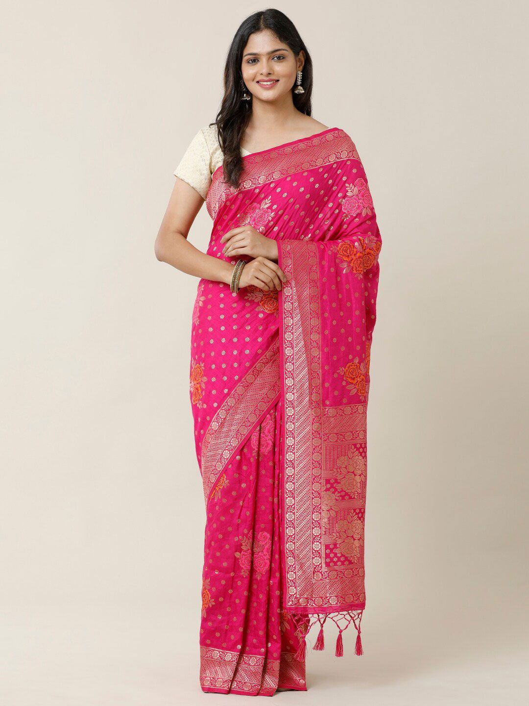 SAMITTE Pink & Gold-Toned Woven Design Zari Saree Price in India